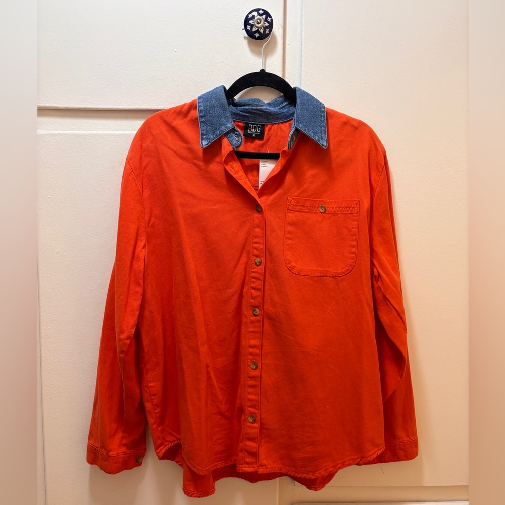 BDG Orange Button-Down Shirt with Denim Collar